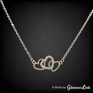 Triple Interlocked Heart Rhinestone Silver Tone Pendant Necklace